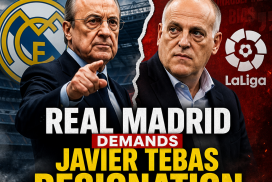 Protesters outside a stadium with banners demanding Javier Tebas's resignation from La Liga leadership.