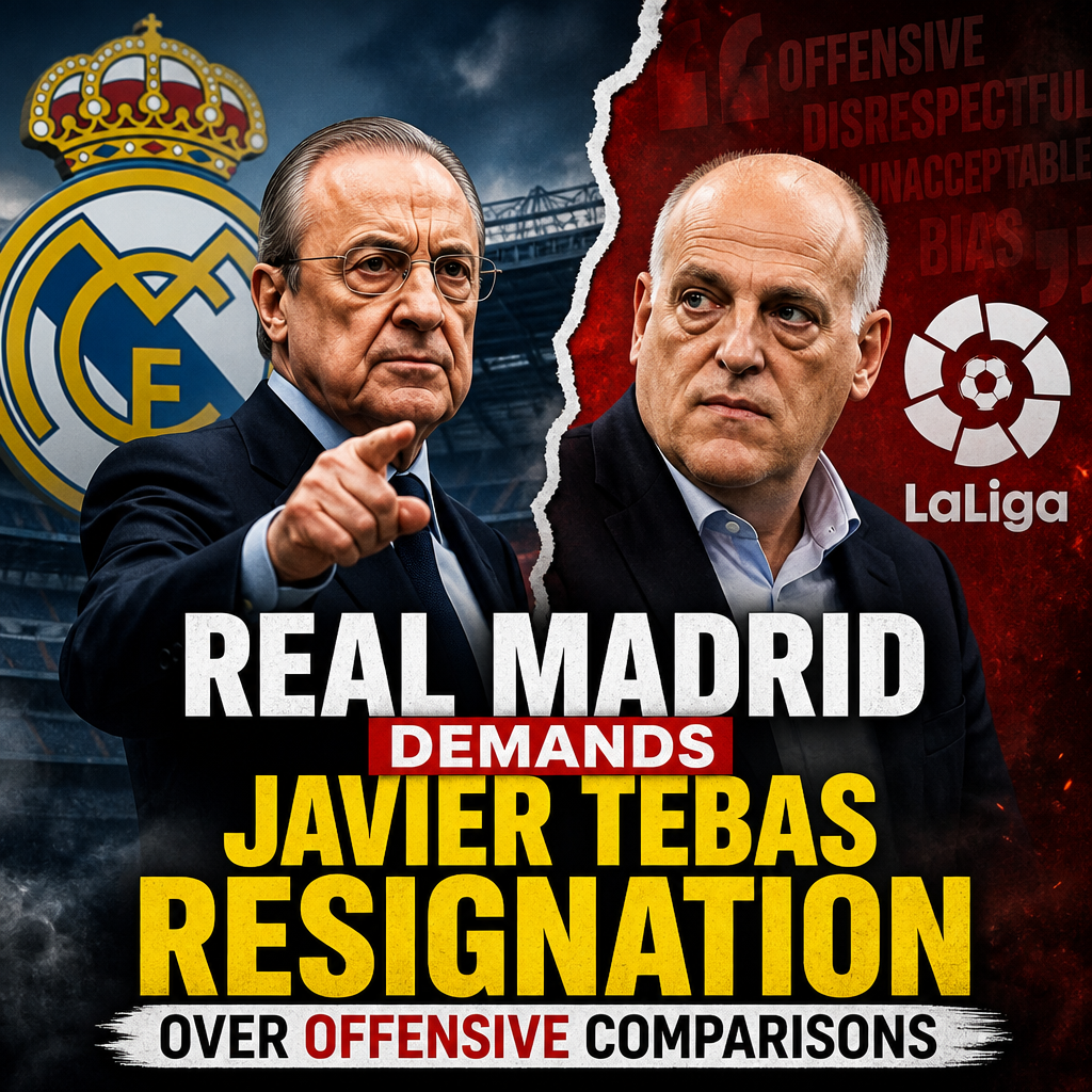 Protesters outside a stadium with banners demanding Javier Tebas's resignation from La Liga leadership.