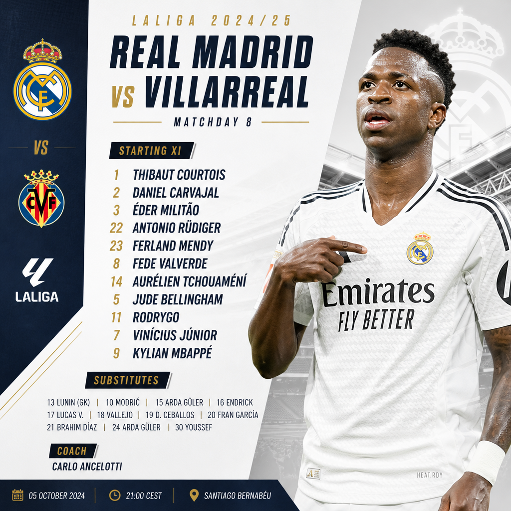 Real Madrid starting lineup and substitutes for LaLiga match vs Villarreal 2024/25 Matchday 8 with player photos.