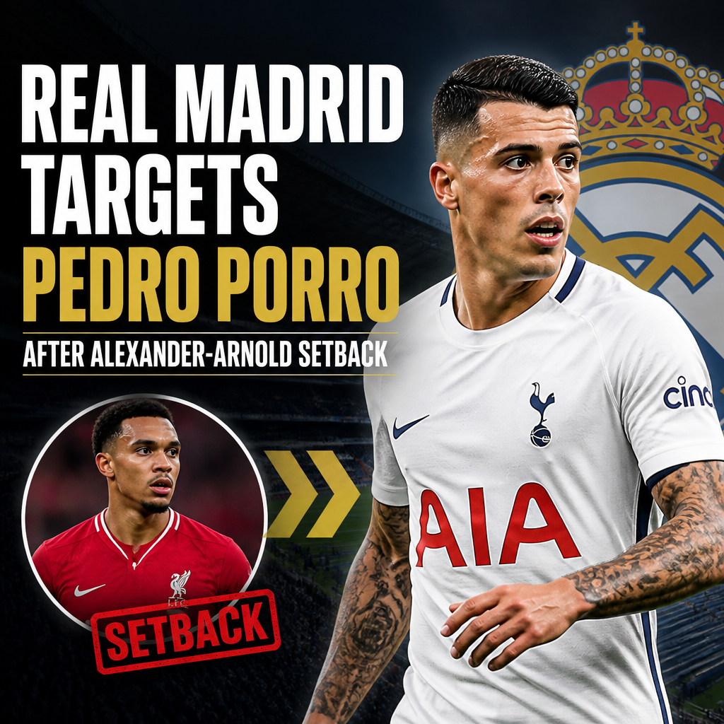Pedro Porro in action during a football match, targeted by Real Madrid after Alexander-Arnold setback.