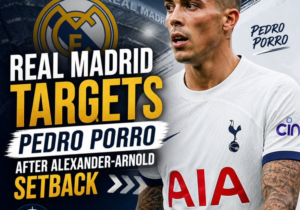 Pedro Porro in action for Tottenham; Real Madrid targets him after Alexander-Arnold transfer setback.