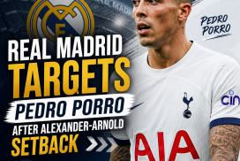 Pedro Porro in action for Tottenham; Real Madrid targets him after Alexander-Arnold transfer setback.