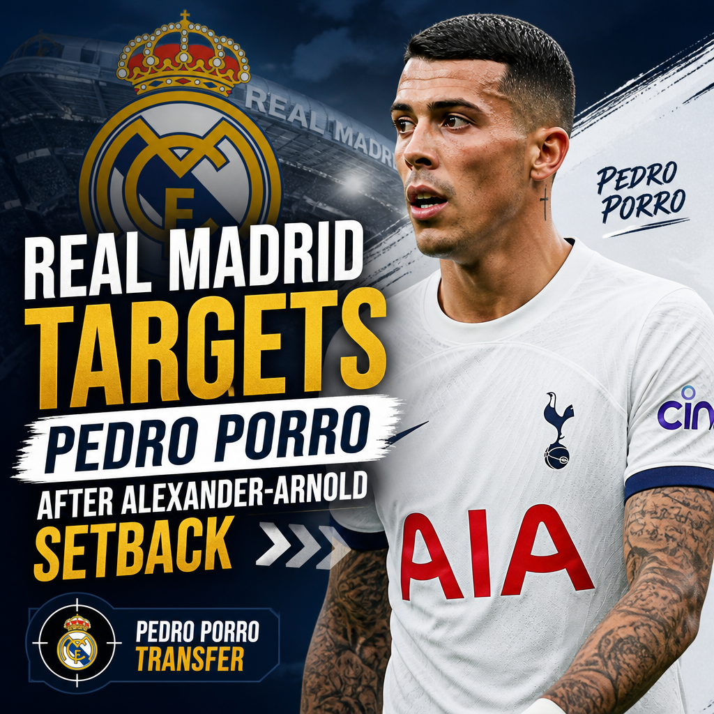 Pedro Porro in action for Tottenham; Real Madrid targets him after Alexander-Arnold transfer setback.