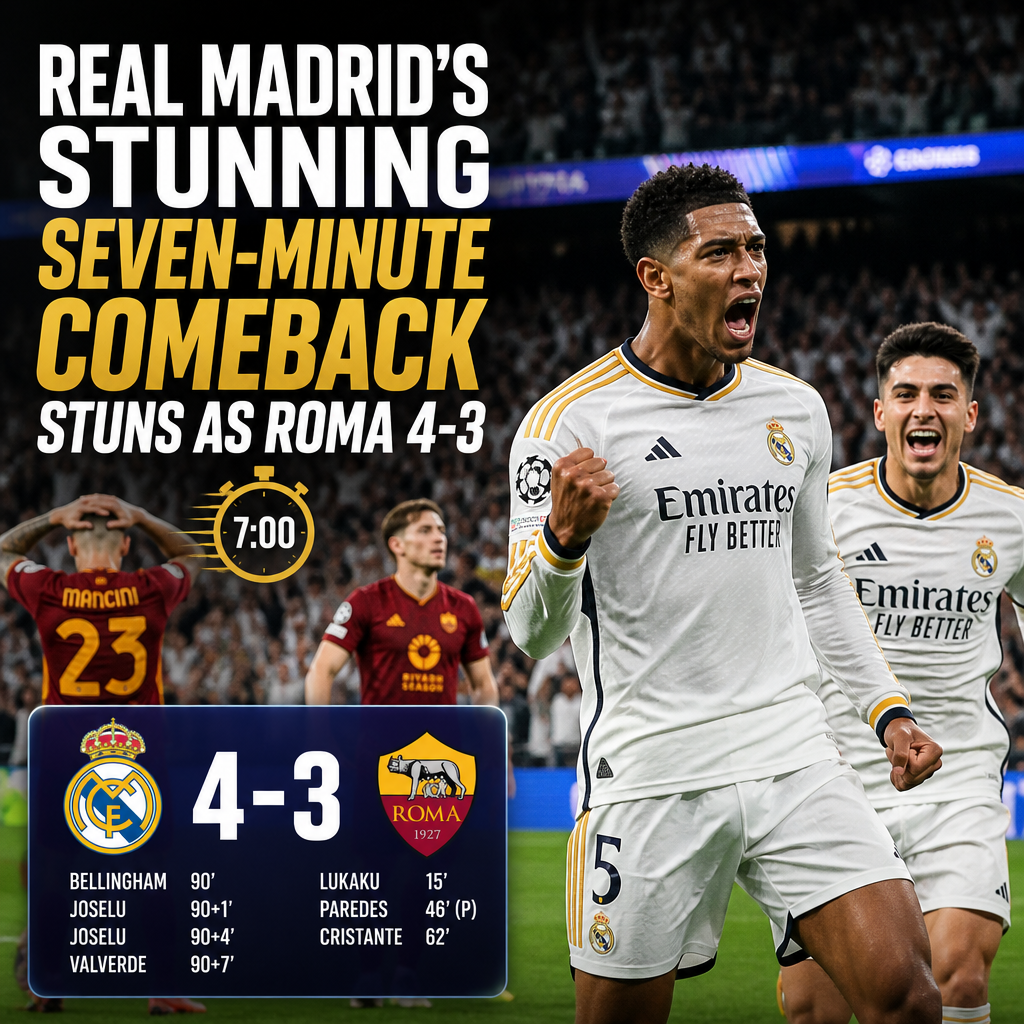 Real Madrid players celebrate a late goal during their thrilling 4-3 UEFA Champions League comeback against Roma.