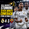 Real Madrid players celebrating a dramatic late goal during their 4-3 comeback win against Roma.
