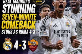 Real Madrid players celebrating a dramatic late goal during their 4-3 comeback win against Roma.