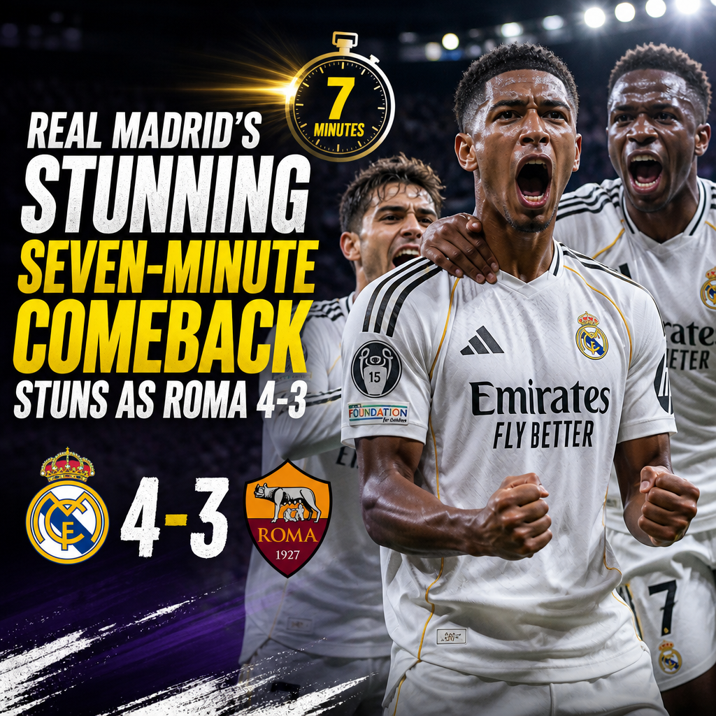 Real Madrid players celebrating a dramatic late goal during their 4-3 comeback win against Roma.