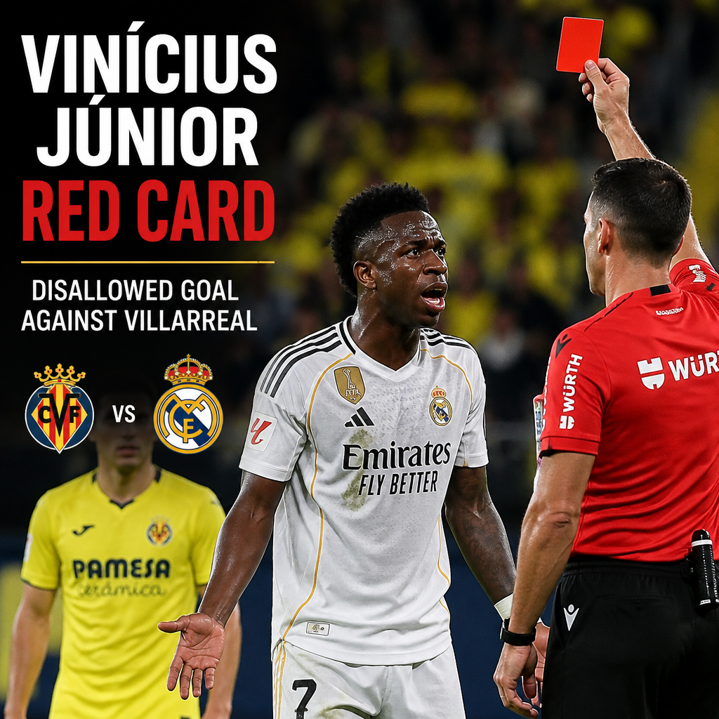 Vinícius Júnior shows a red card during Villarreal vs Real Madrid match after a disallowed goal.