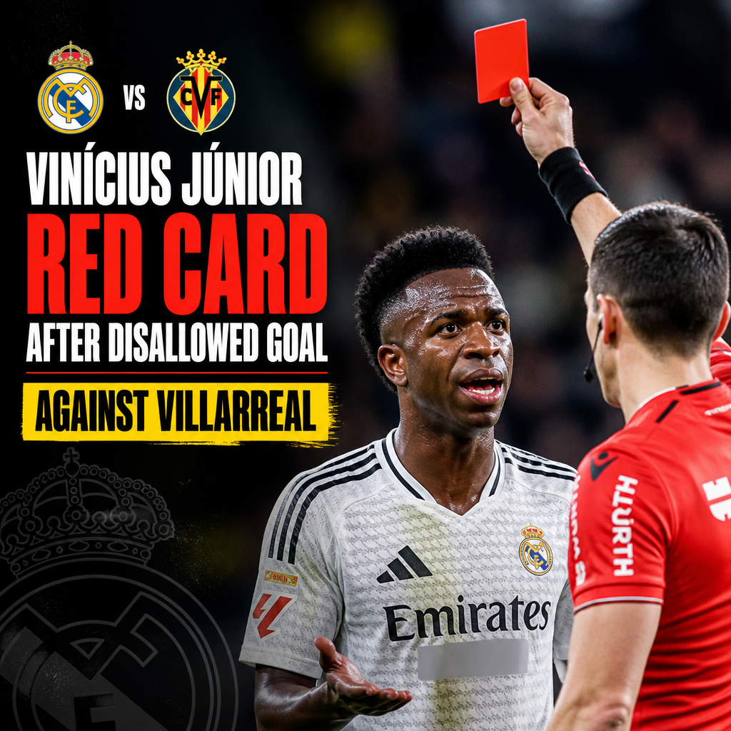 Vinícius Júnior holding a red card shown by the referee during a Real Madrid vs Villarreal match.