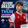 Riccardo Braschi in Fiorentina kit, with FC Thun and Fiorentina logos and transfer announcement text.
