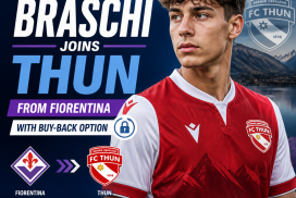 Riccardo Braschi in Fiorentina kit, with FC Thun and Fiorentina logos and transfer announcement text.