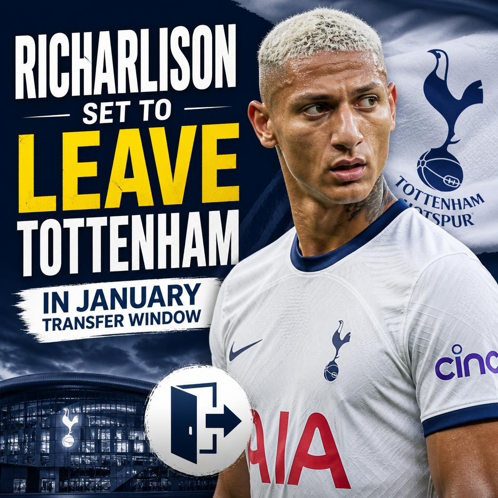 Richarlison in Tottenham Hotspur kit during a match, looking focused on the game.