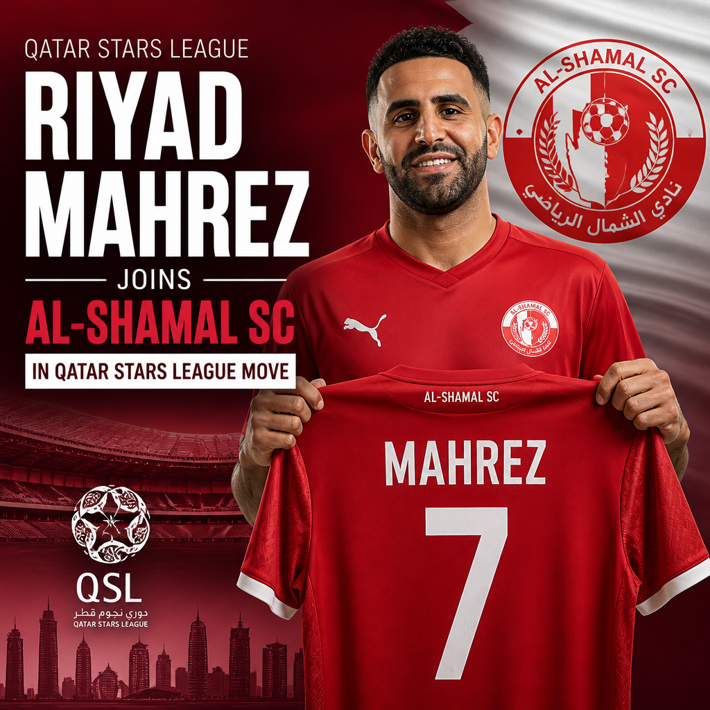 Riyad Mahrez wearing Al-Shamal SC jersey, smiling and posing for a photo in a stadium.