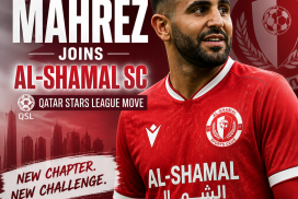 Riyad Mahrez in Al-Shamal SC jersey, celebrating his transfer to the Qatar Stars League club.
