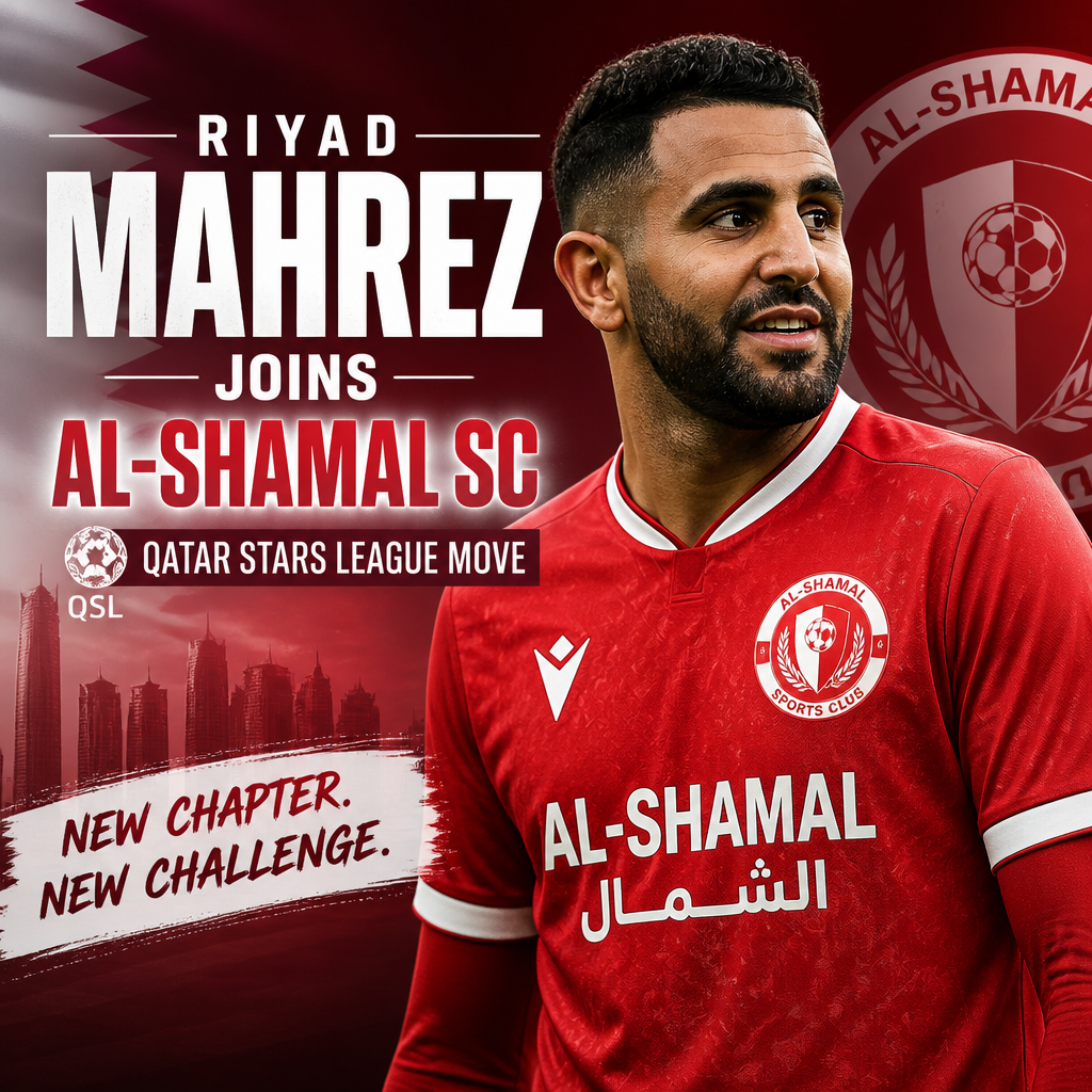 Riyad Mahrez in Al-Shamal SC jersey, celebrating his transfer to the Qatar Stars League club.