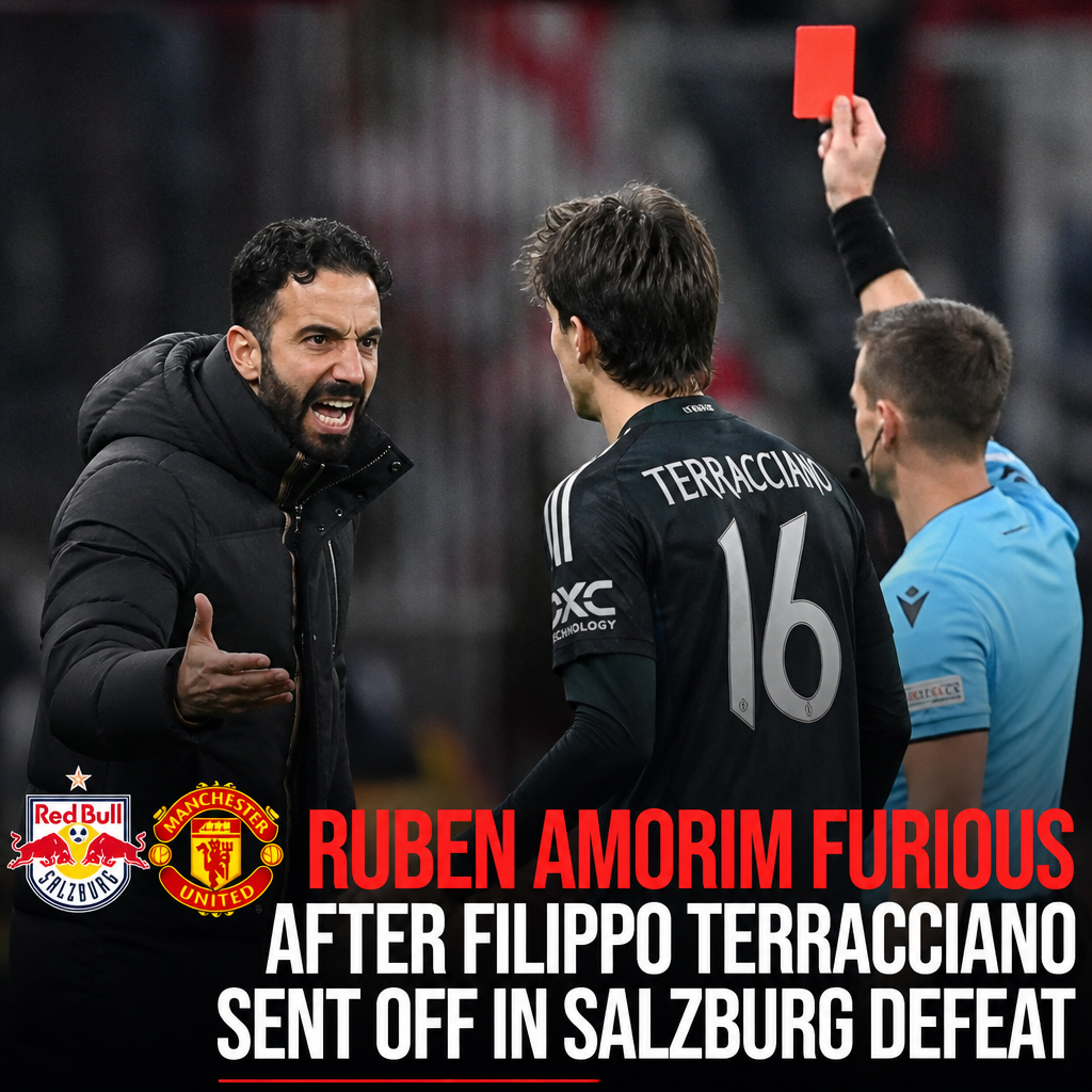 Ruben Amorim angrily gestures on the sideline as Filippo Terracciano is sent off with a red card.