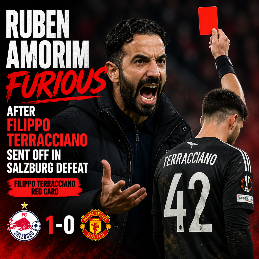 Ruben Amorim angrily reacts after Filippo Terracciano is sent off during Salzburg vs Manchester United match.