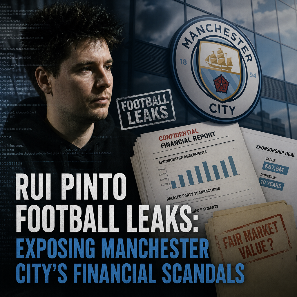 Rui Pinto holding documents with the Manchester City logo, symbolizing the Football Leaks financial scandal exposure.