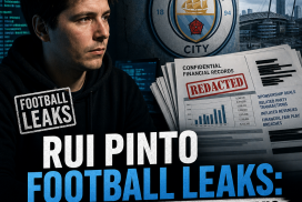Rui Pinto sitting at a desk with a laptop, exposing Manchester City's financial scandals in Football Leaks.