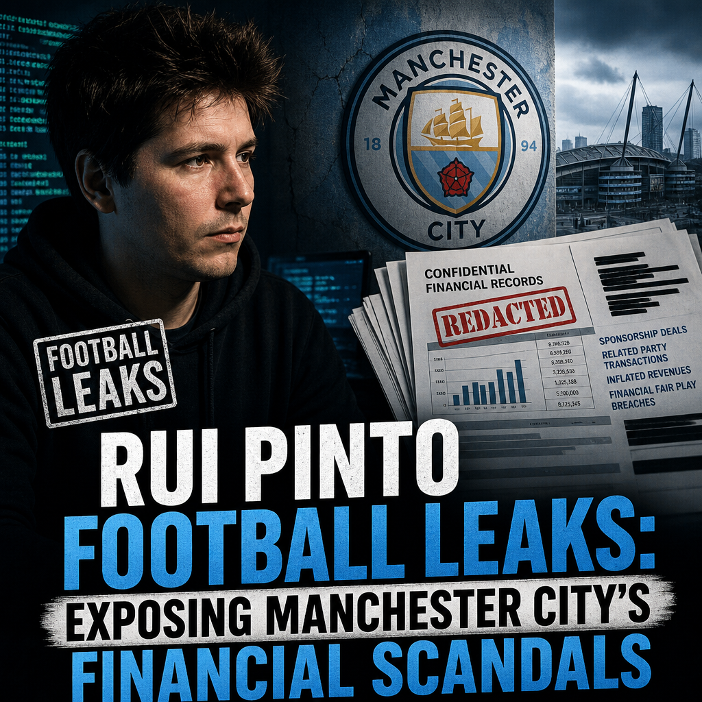 Rui Pinto sitting at a desk with a laptop, exposing Manchester City's financial scandals in Football Leaks.
