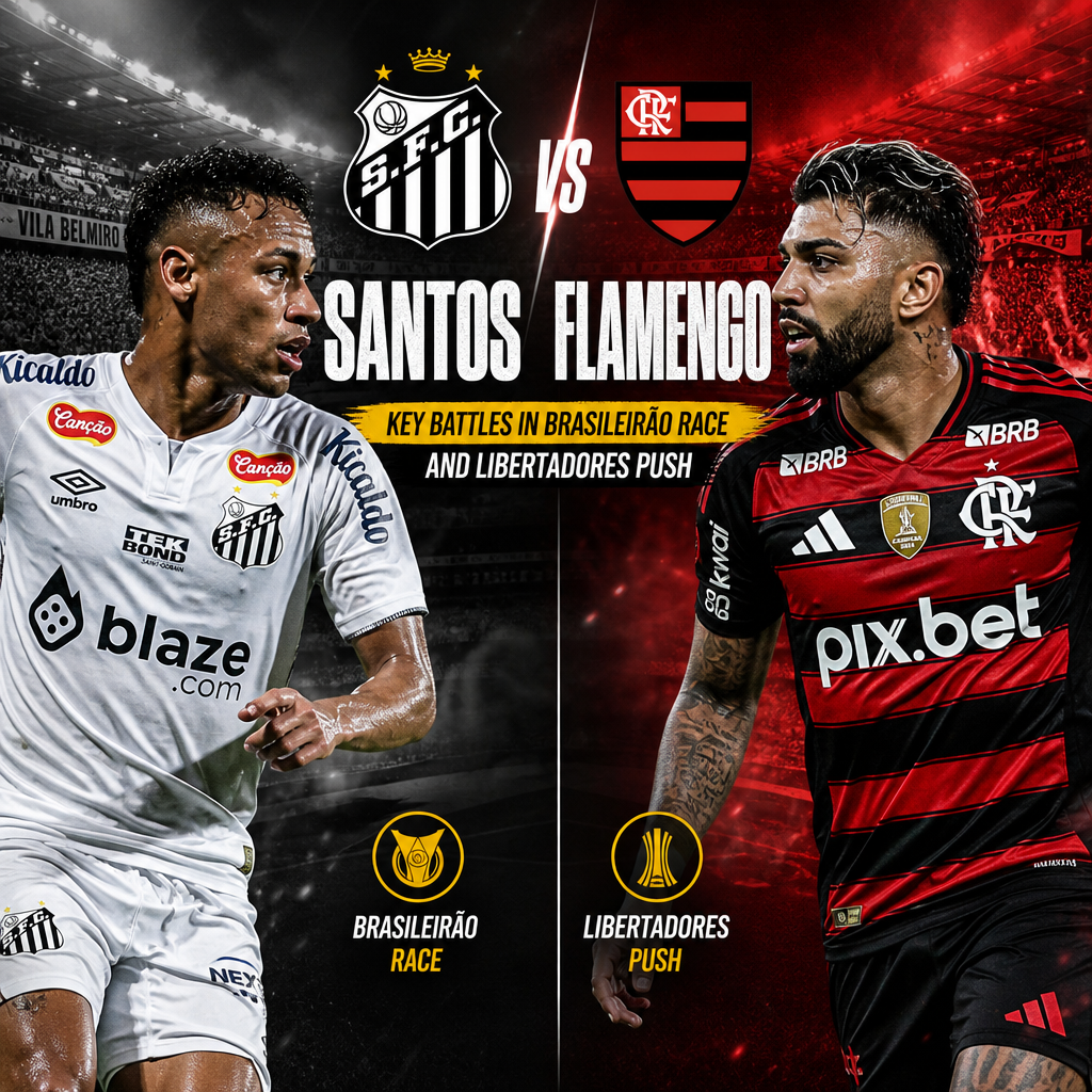 Graphic showing key player matchups and stats for Santos vs Flamengo in Brasileirão and Libertadores soccer.