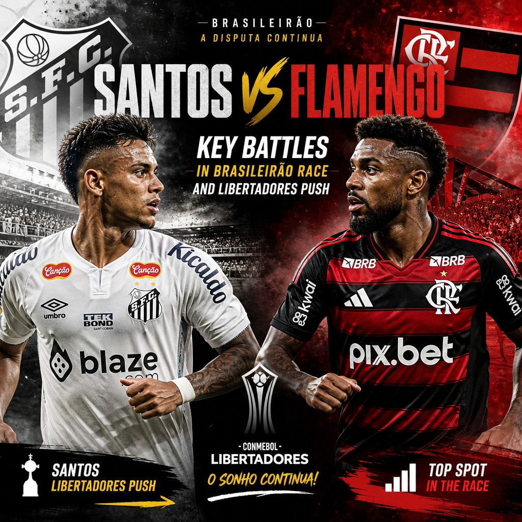Graphic showing key player matchups between Santos and Flamengo in Brasileirão and Libertadores.