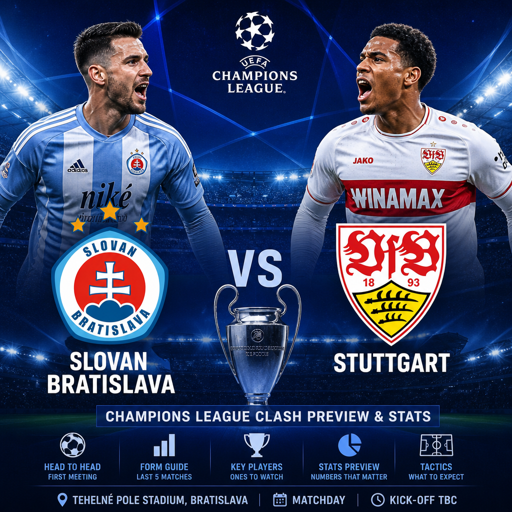 UEFA Champions League preview graphic showing Slovan Bratislava vs Stuttgart with player stats and team info.