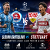 UEFA Champions League preview graphic showing Slovan Bratislava and Stuttgart logos with match details and stats.