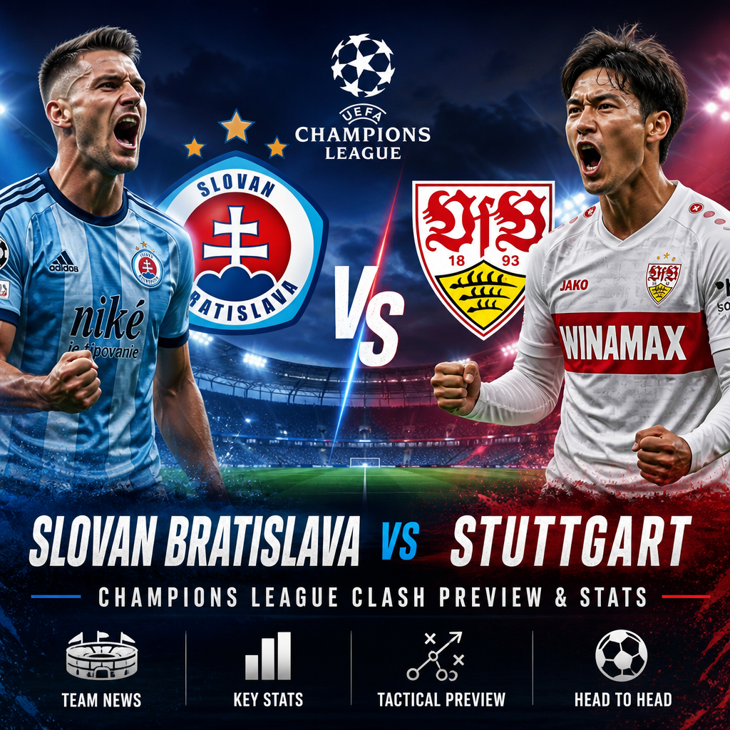 UEFA Champions League preview graphic showing Slovan Bratislava and Stuttgart logos with match details and stats.