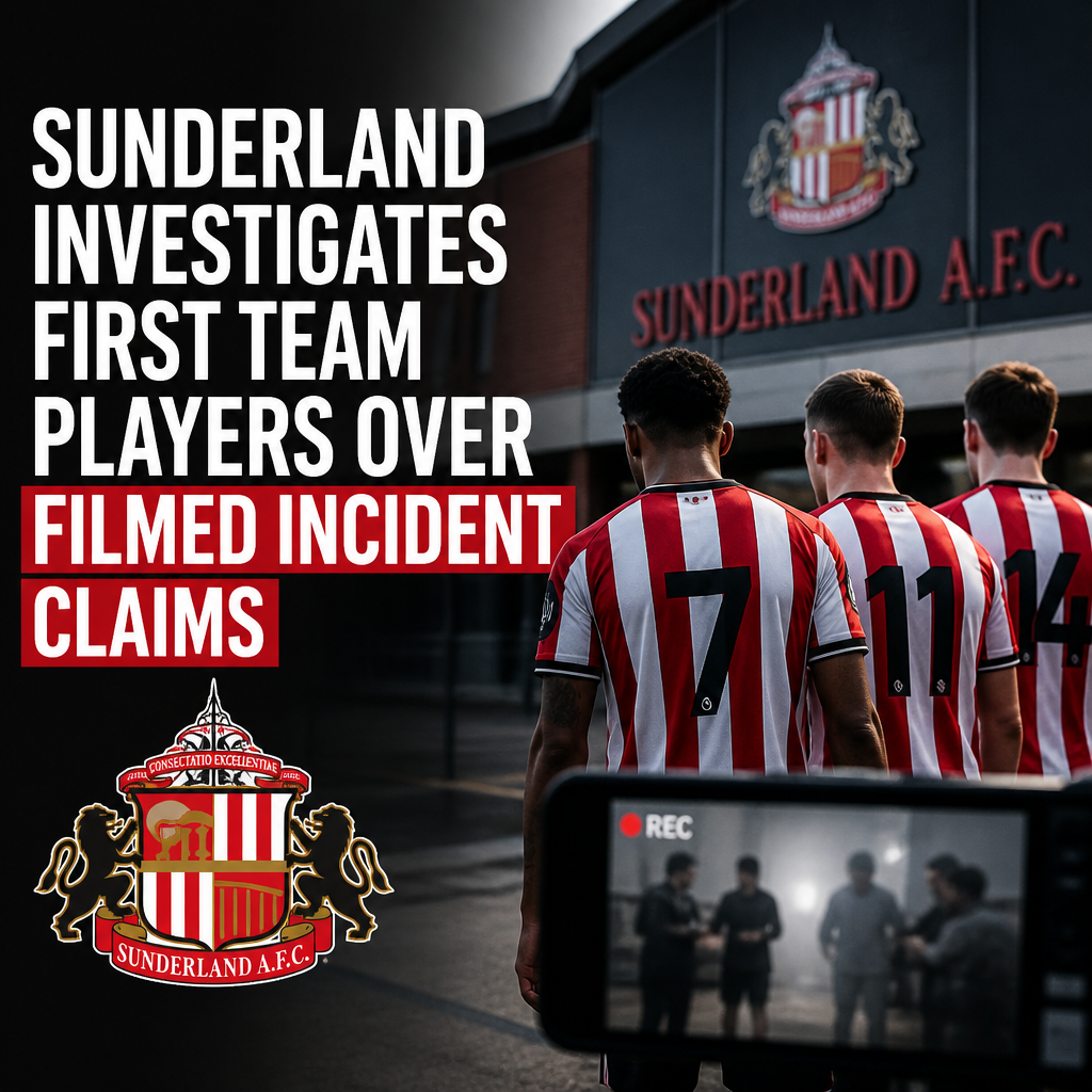 Sunderland A.F.C. players in team jerseys stand outside the stadium amid an investigation into a filmed incident.