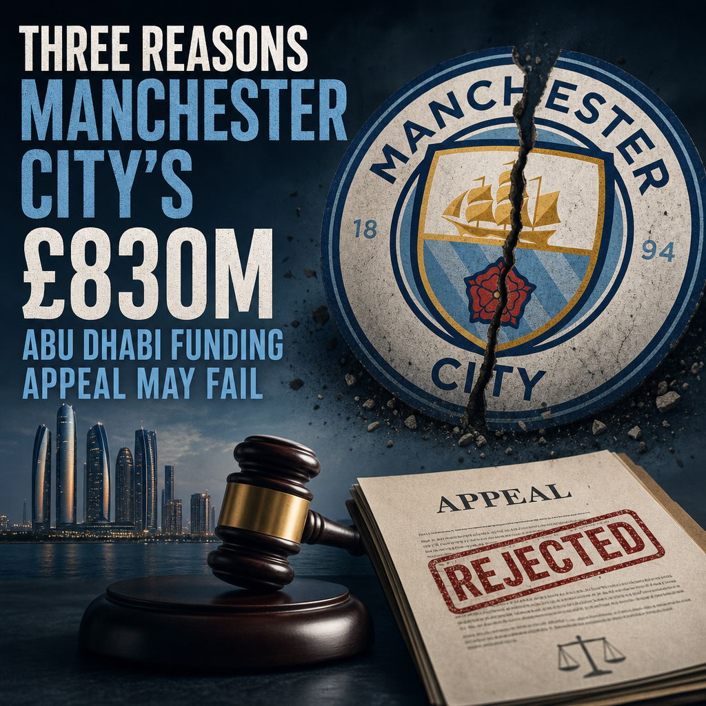 Graphic showing Manchester City's £830M Abu Dhabi funding appeal facing legal challenges and possible rejection.