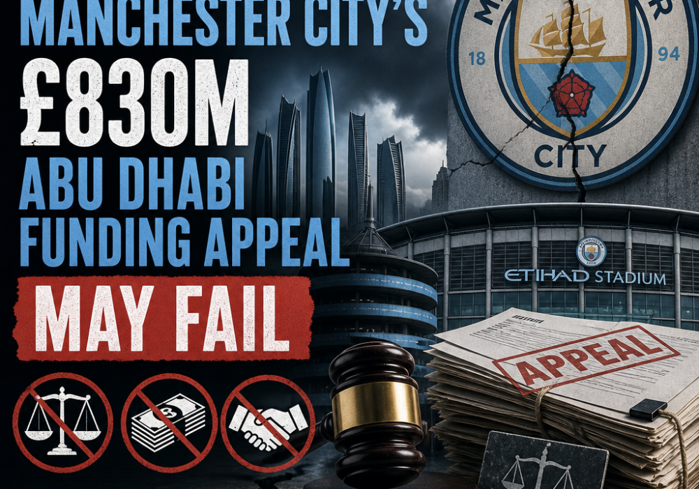 Infographic showing three reasons why Manchester City’s £830M Abu Dhabi funding appeal might fail.