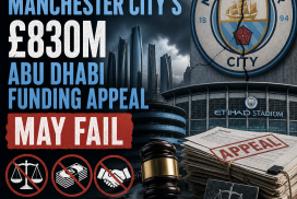 Infographic showing three reasons why Manchester City’s £830M Abu Dhabi funding appeal might fail.