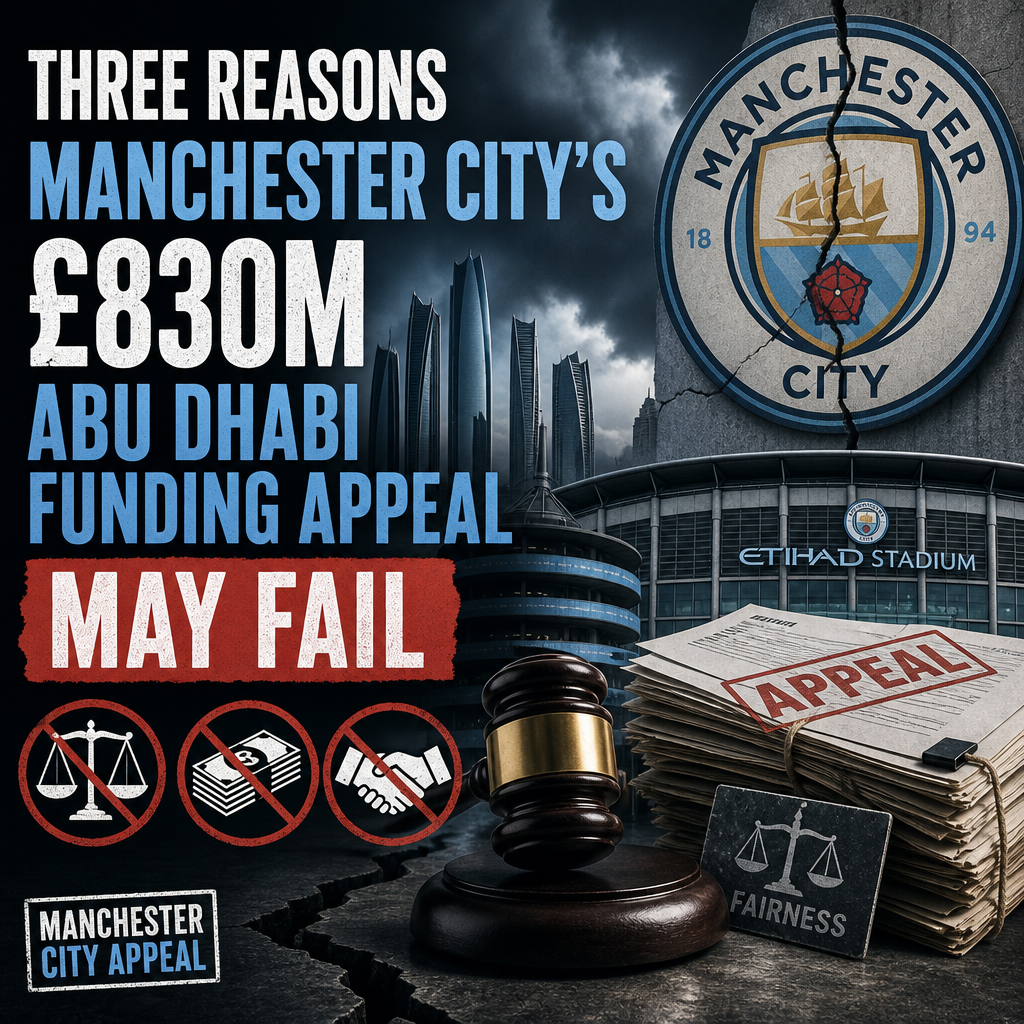 Infographic showing three reasons why Manchester City’s £830M Abu Dhabi funding appeal might fail.
