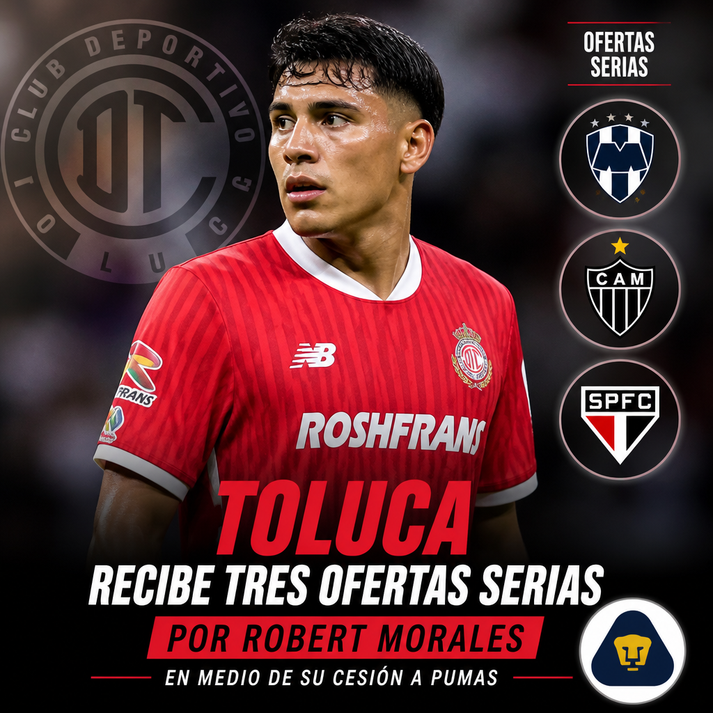 Robert Morales in Toluca jersey with football stadium background, highlighting transfer interest for the player.