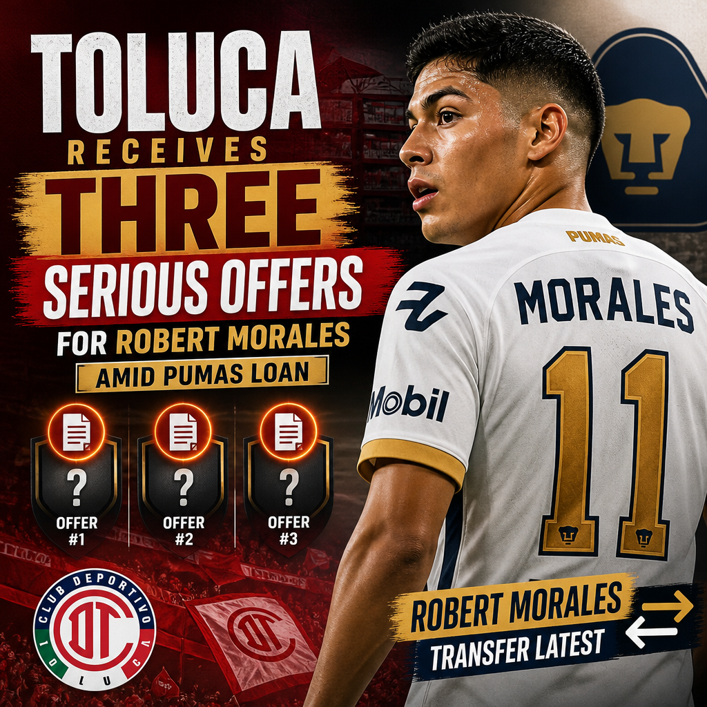 Toluca FC logo alongside images of Robert Morales with transfer offer icons representing interest from three clubs.