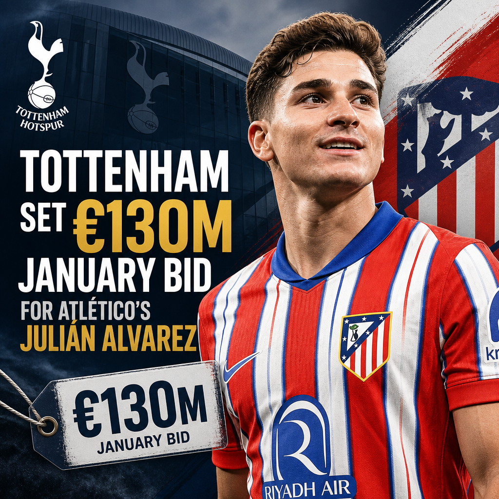 Tottenham Hotspur and Atlético Madrid logos with a €130 million bid text for player Julián Álvarez in January transfer window