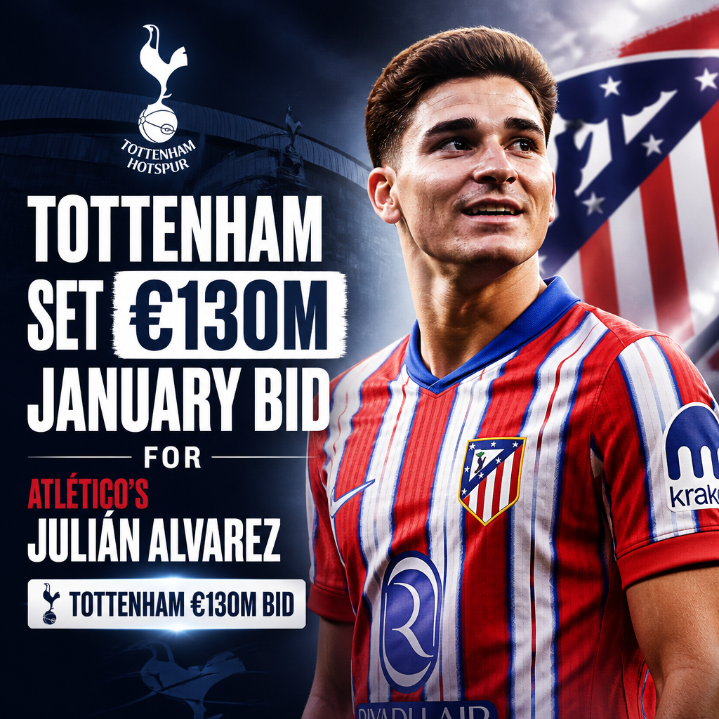 Tottenham Hotspur making a €130 million January bid for Atlético Madrid's Julián Álvarez on the transfer market.