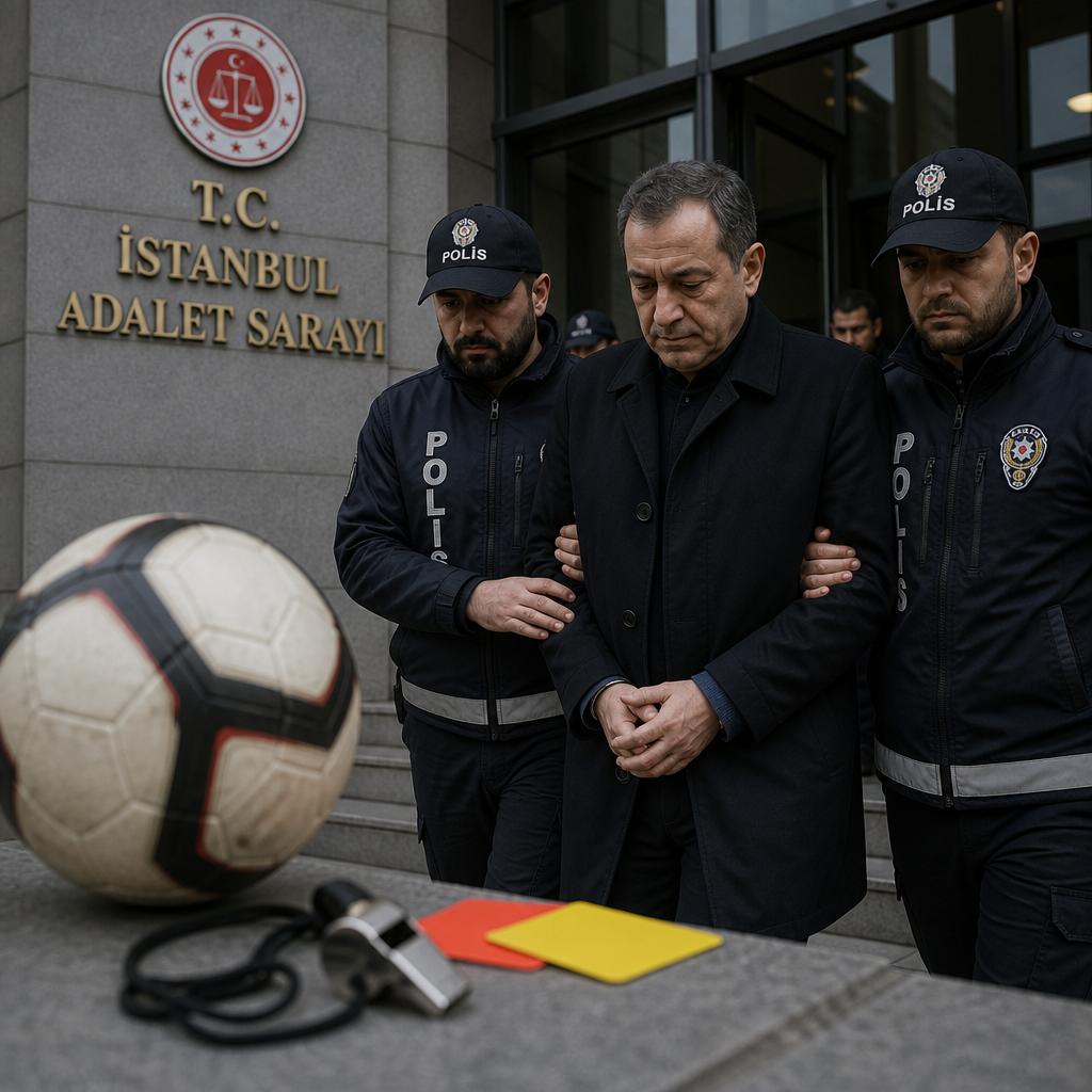 Police escort a handcuffed man outside Istanbul Justice Palace with soccer referee items symbolizing corruption.