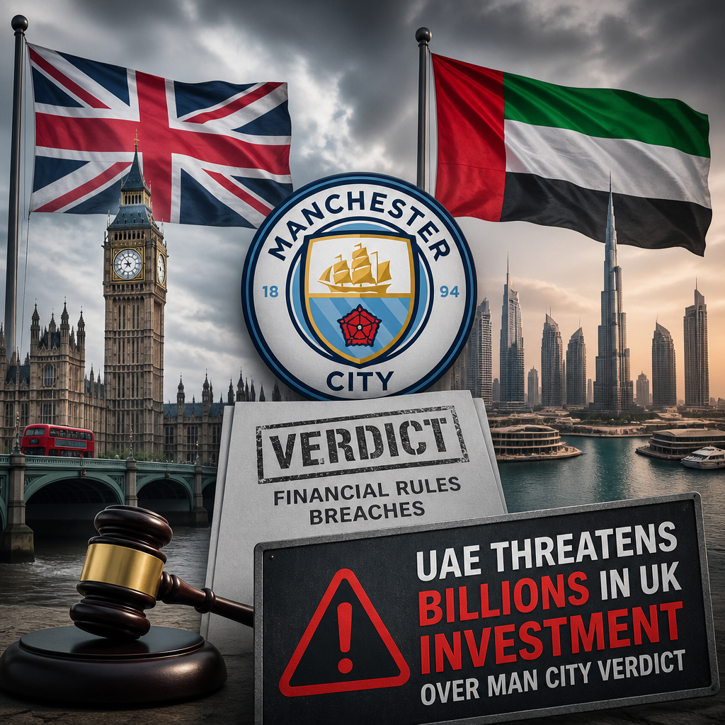 Illustration of Manchester City player in blue, alongside UK and UAE flags representing investment tensions.