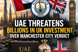 Flags of the UAE and UK with London landmarks and financial symbols representing investment tensions over Manchester City ver