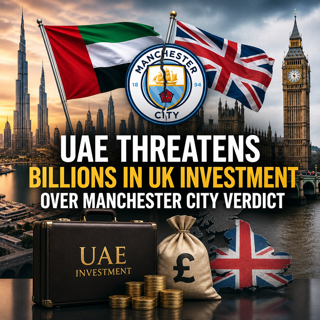 Flags of the UAE and UK with London landmarks and financial symbols representing investment tensions over Manchester City ver