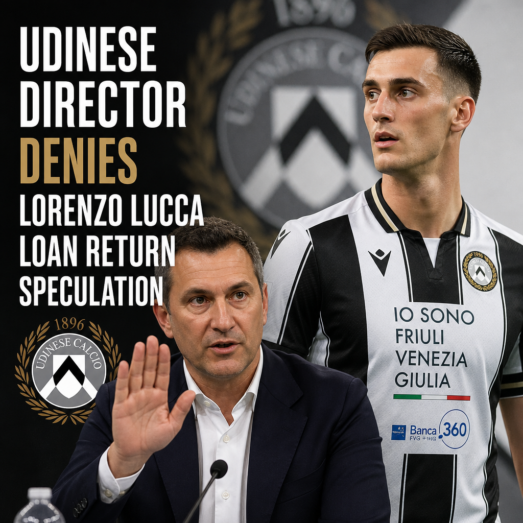 Udinese director speaking at a press conference denying rumors about Lorenzo Lucca's loan return.