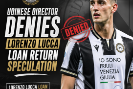 Udinese director speaking at press conference, denying rumors about Lorenzo Lucca's loan return.