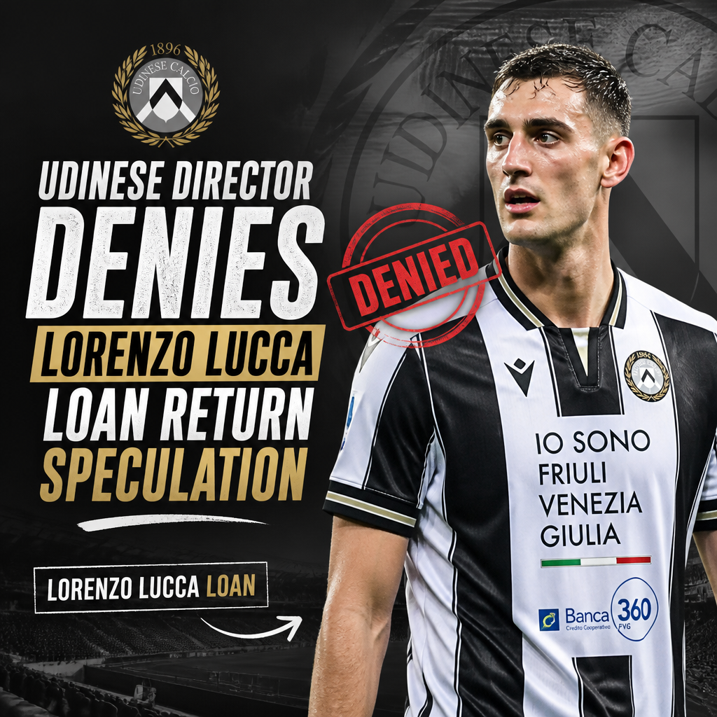 Udinese director speaking at press conference, denying rumors about Lorenzo Lucca's loan return.