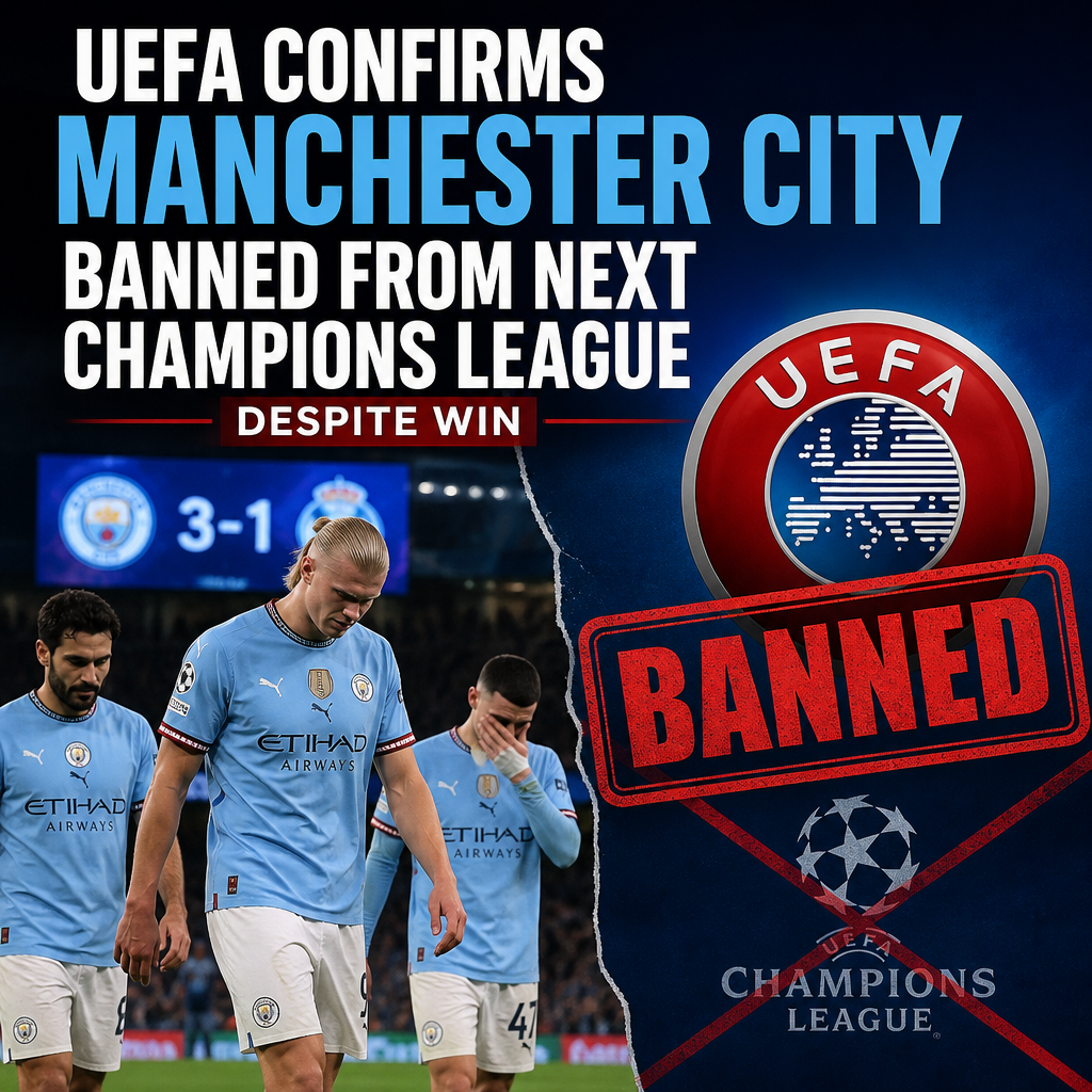 UEFA logo with text confirming Manchester City banned from next Champions League season.