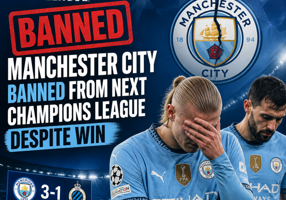 Manchester City players celebrate a goal amid news of their Champions League ban despite a 3-1 win.