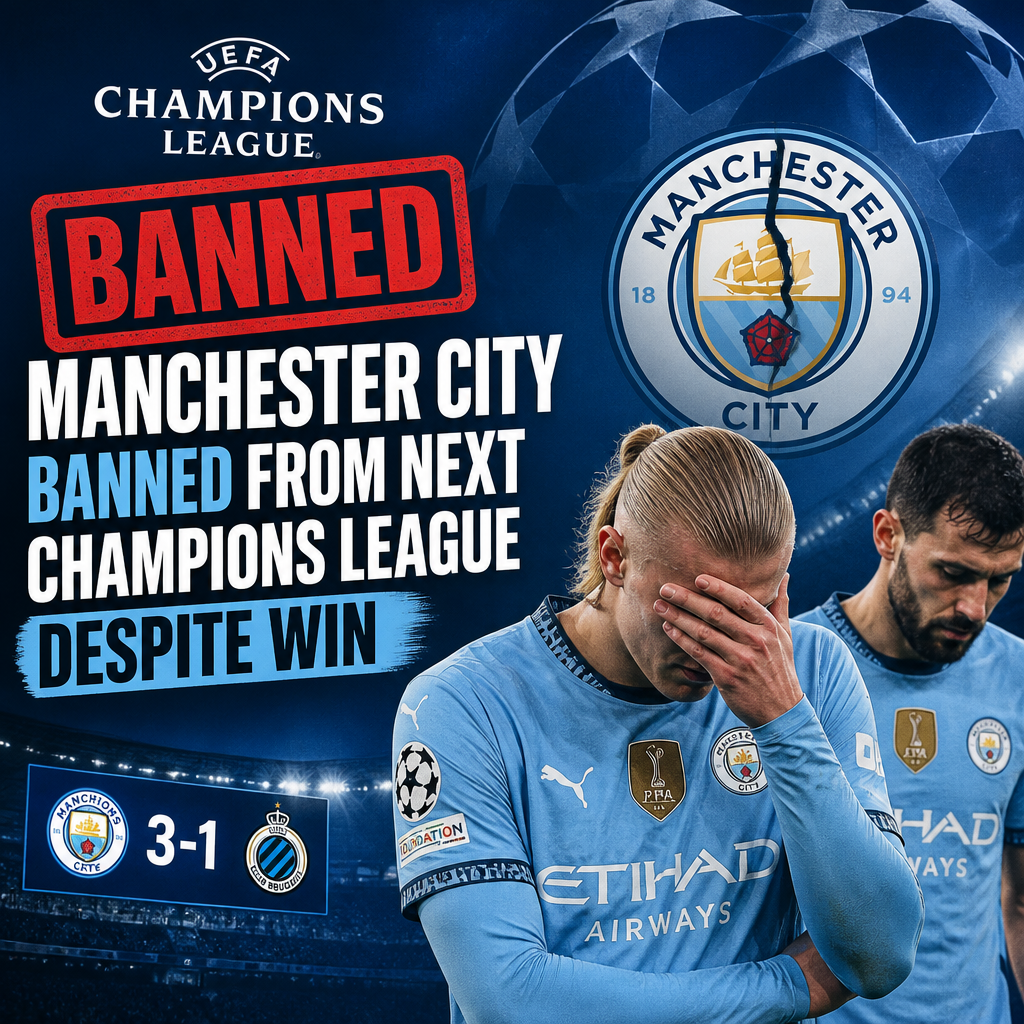 Manchester City players celebrate a goal amid news of their Champions League ban despite a 3-1 win.