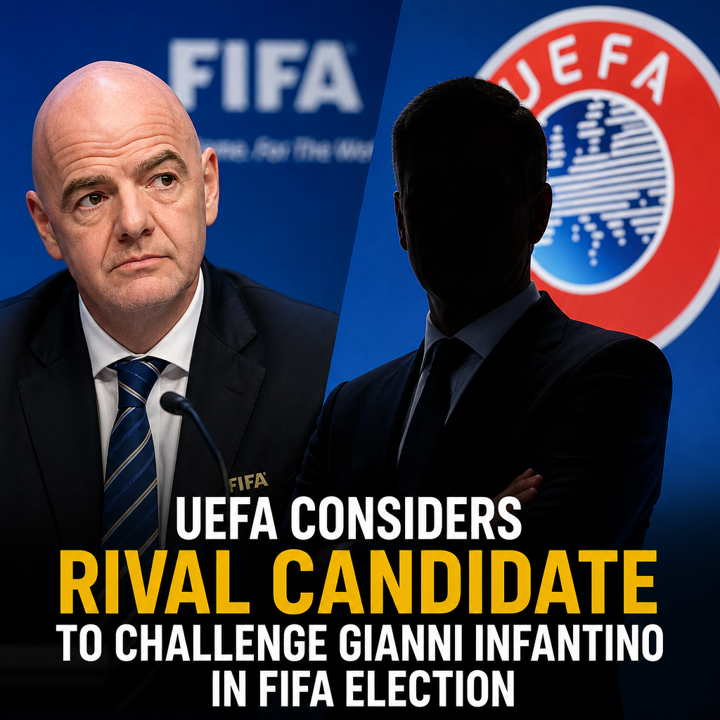 UEFA officials meet in a modern conference room discussing potential rival candidate for FIFA presidency election.