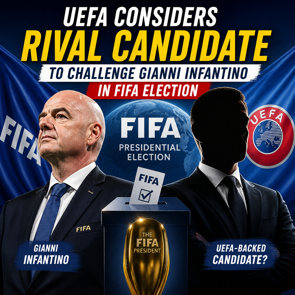 UEFA officials in a meeting room discussing potential rival candidates against Gianni Infantino for FIFA presidency.